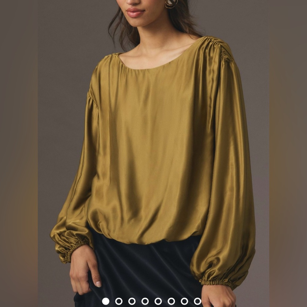 By Anthropologie Balloon-Sleeve Silky Olive Blouse Size S